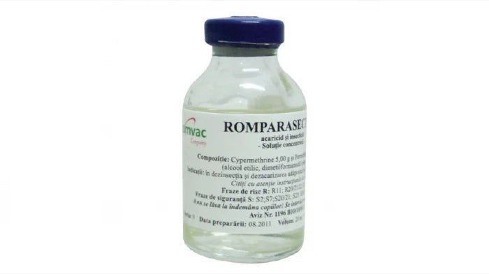 ROMPARASECT 5% 20ML // Cypermethrine 5 g; Permethrine 0.25 g; // disinfestation and deacarization of shelters, paddocks and utensils / disinfezione e disinfestazione di ricoveri, paddock e utensili