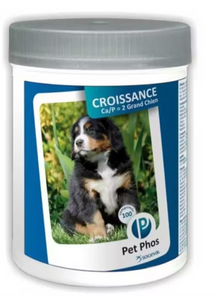 Pet Phos Croissance Special Grand Chien 100 vitamin and mineral supplement tablets for growing and nursing puppies. (Adult weight over 25 kg.)