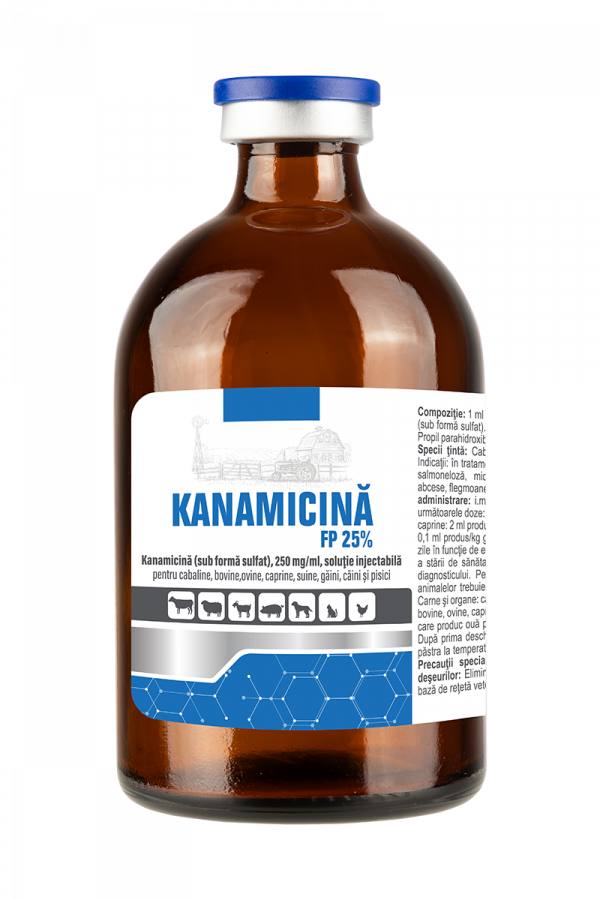 Kanamicina FP 25% 100 ml// Cavalli, bovini, pecore, capre, suini, uccelli (polli), cani e gatti // Horses, cattle, sheep, goats, pigs, birds (chickens), dogs and cats