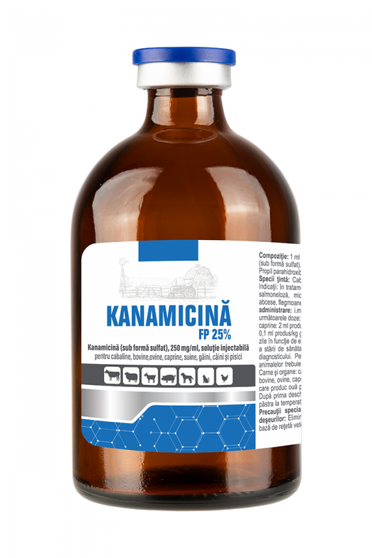 Kanamicina FP 25% 100 ml// Cavalli, bovini, pecore, capre, suini, uccelli (polli), cani e gatti // Horses, cattle, sheep, goats, pigs, birds (chickens), dogs and cats