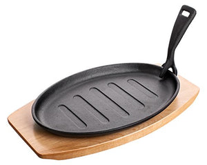 Banquet Cast Iron Skillet Sizzler Pan on Wooden Stand with Removable Handle, Black, 20 x 34 x 5.5 cm - Pet Shop Luna