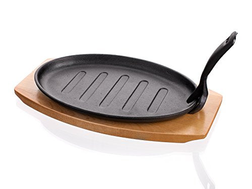 Banquet Cast Iron Skillet Sizzler Pan on Wooden Stand with Removable Handle, Black, 20 x 34 x 5.5 cm - Pet Shop Luna