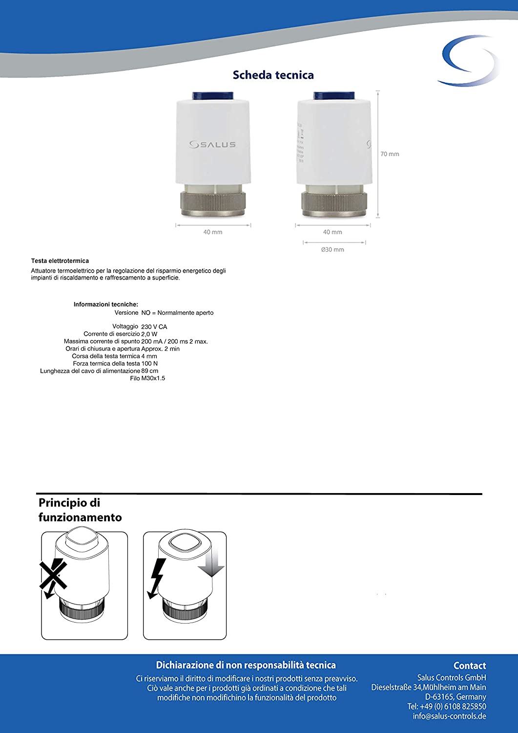 Salus T30NO230 Attuatore Termico 230V a Risparmio Energetico per Sistemi di Riscaldamento e Raffreddamento di Superficie, M30 x 1,5 - Pet Shop Luna