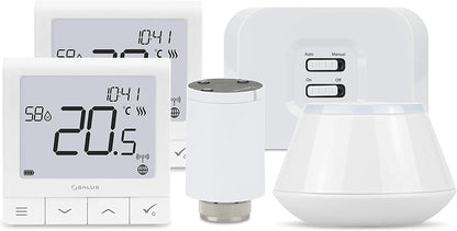 Salus Controls Starter Kit for Central Heating + One Room Controller - Includes 2 x Thermostat, 2 x Radiator Valve, Boiler Receiver and Smart Gateway Controller - Pet Shop Luna