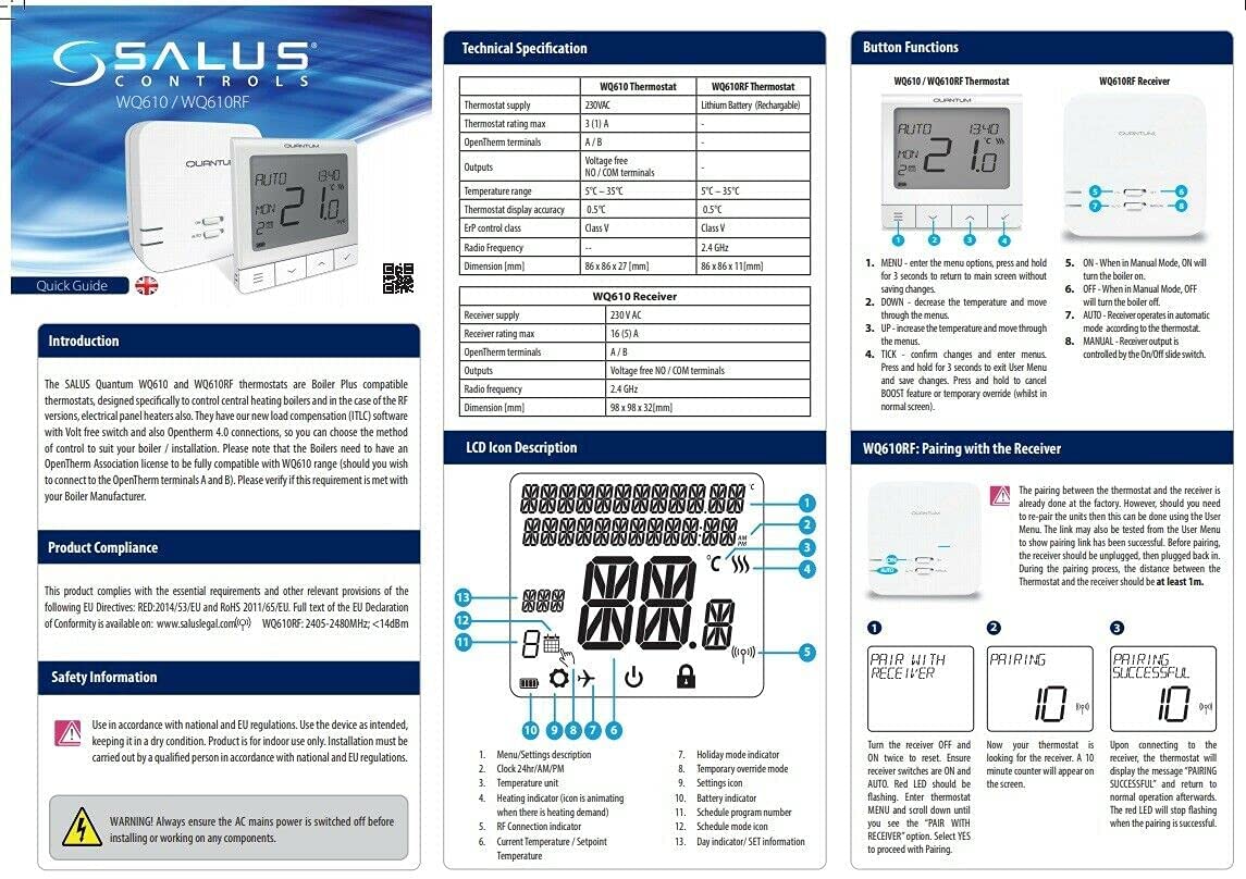 SALUS QUANTUM WQ610RF WIRELESS THERMOSTAT SLIMLINE STAT - Boiler Plus Compliant - Pet Shop Luna