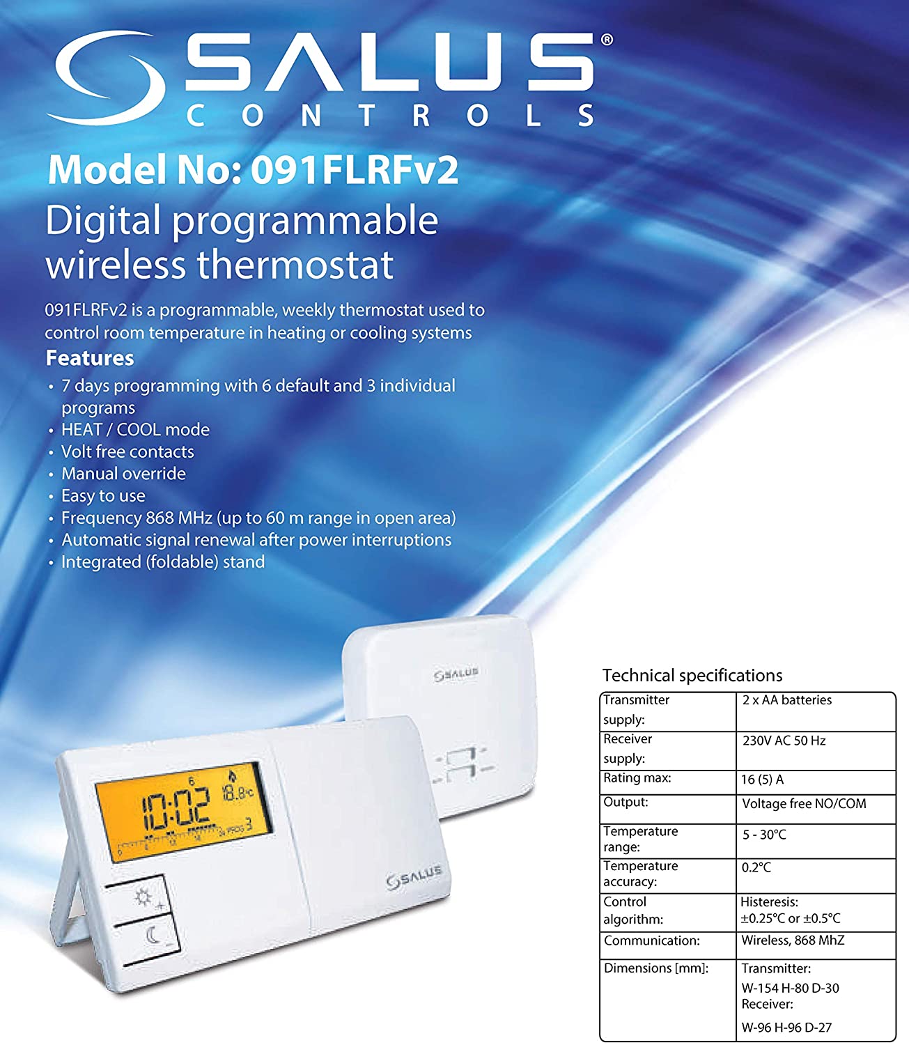 Salus 091FLRFv2 Termostato Ambiente senza Fili Termostato Elettronico Termostato Digitale con Programma Settimanale e Ricevitore 230 V - Pet Shop Luna