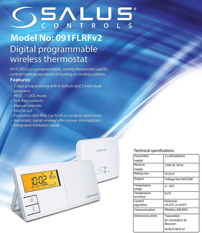 Salus 091FLRFv2 Termostato Ambiente senza Fili Termostato Elettronico Termostato Digitale con Programma Settimanale e Ricevitore 230 V - Pet Shop Luna